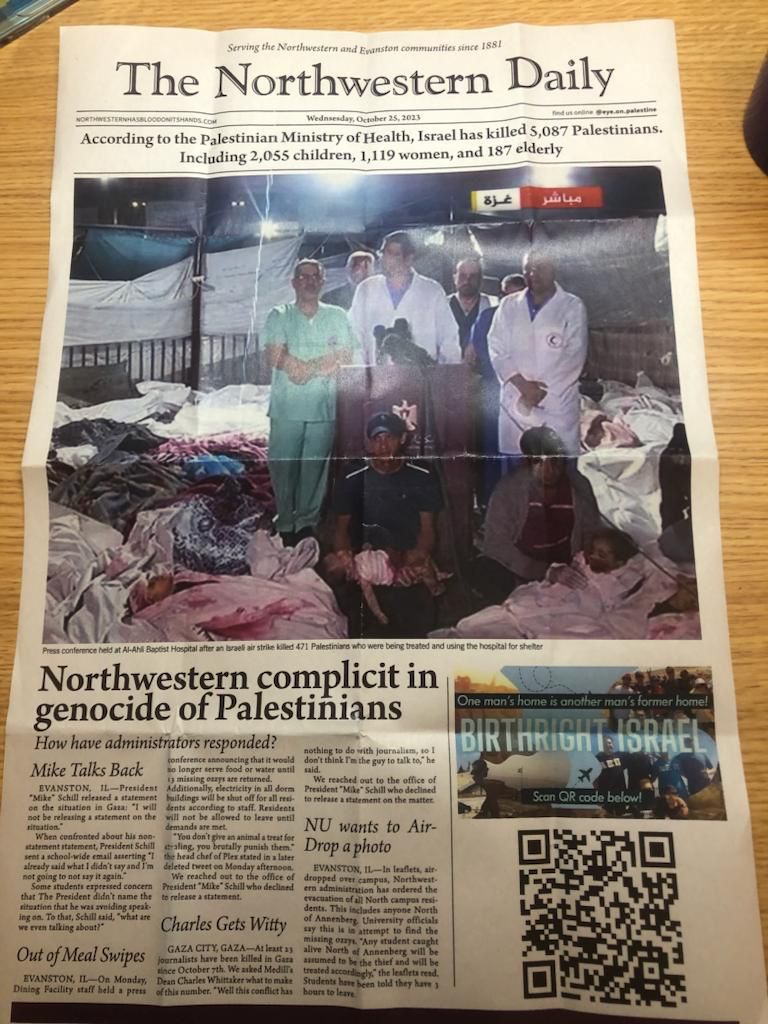 AJCGlobal's tweet photo. Imagine walking into your lecture hall and finding anti-Israel propaganda on every seat. 

That's what @NorthwesternU students are dealing with today. 

Universities can't ignore unsafe and hostile environments for Jewish and pro-Israel students. 

President Schill must take action. #ProtectJewishStudents
