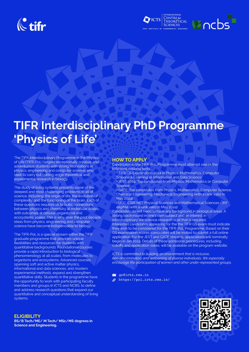 Vijay Krishnamurthy (@vijay_k_murthy) on Twitter photo Strong in Physics, mathematics, engineering...? Puzzled by the processes of living matter? "Physics of Life" is a special <a href="/TIFRScience/">Tata Institute of Fundamental Research</a> PhD program to explore these challenging questions living systems pose.
pol.icts.res.in
<a href="/ictstifr/">ICTS</a> <a href="/NCBS_Bangalore/">National Centre for Biological Sciences</a> Strong in Physics, mathematics, engineering...? Puzzled by the processes of living matter? "Physics of Life" is a special <a href="/TIFRScience/">Tata Institute of Fundamental Research</a> PhD program to explore these challenging questions living systems pose.
pol.icts.res.in
<a href="/ictstifr/">ICTS</a> <a href="/NCBS_Bangalore/">National Centre for Biological Sciences</a>