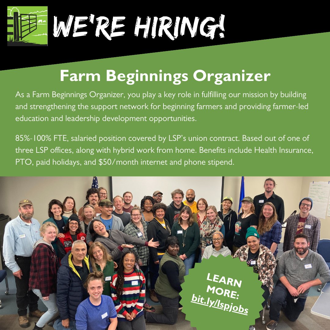 LSP is hiring for a new organizer to build community, connections, and develop innovative solutions to transform our food and farming system. LEARN MORE: bit.ly/lspjobs #landaccess #beginningfarmers #newfarmers #emergingfarmers