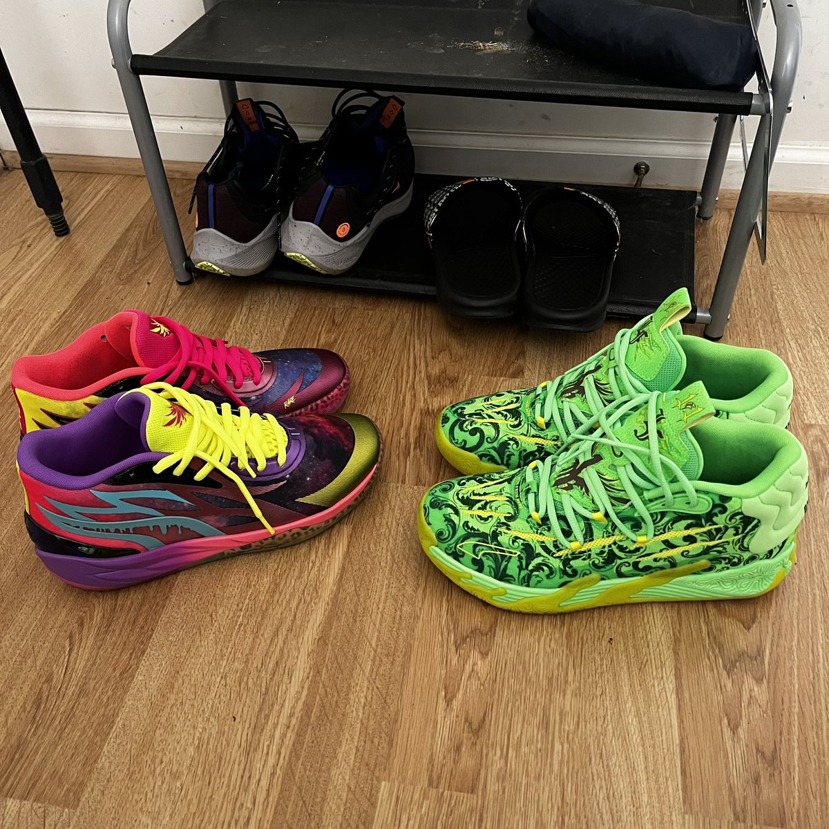 Eternity9's tweet photo. Which pair should I wear to the #Hornets game tonight? #Lamelo #MB2 #MB3 #PumaHoops #BeYou #LaFrancé #FireKicks #LetsFly35 https://t.co/pPpiRFcbTP