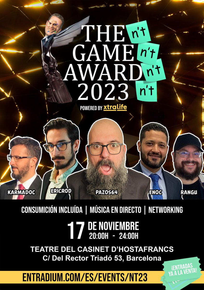 EricRod_LYV's tweet photo. 🎉 Ahí va el anuncio gordo 🎉

Este año los Gamen't Awardn't se harán de forma presencial en Barcelona; Con música en directo, barra de bar, sorteos, bolsitas de regalo y mucha, MUCHA tontuna.

Podéis comprar vuestras entradas en el enlace que aparece en el cartel 👇 https://t.co/eoGVlKALvL