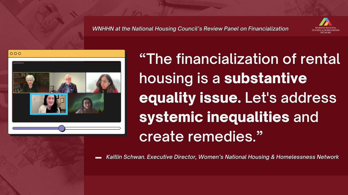 During yesterday's review panel, our ED <a href="/KaitlinJSchwan/">Kaitlin Schwan</a> called for stronger federal leadership in tenant protections, eviction prevention, and access to justice. 

Let's work towards adequate &amp; affordable housing for all women and gender-diverse people. 🏠✨  #Right2Housing