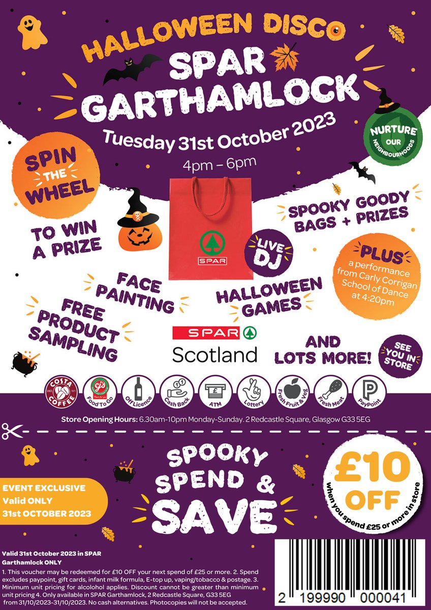 GCGCC_org's tweet photo. We've got some thrilling news to share with you all. SPAR has just announced that they will be hosting a spook-tacular Halloween Party right in their store on 31 October 2023 from 4pm to 6pm at Redcastle Square, Garthamlock. They also shared a £10.00 voucher off a £25.00 shop. https://t.co/4ox4SeKu3X