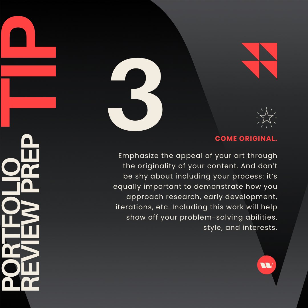 WestStudioNews's tweet photo. PORTFOLIO REVIEW PREP TIP #3 💼
COME ORIGINAL
Emphasize the appeal of your art through the originality of your content. Don’t be shy about including your process: it’s equally important to show how you approach research, iterations, etc.
#lightboxexpo #lbx2023 #portfolioprep https://t.co/lxzhPjFq1U
