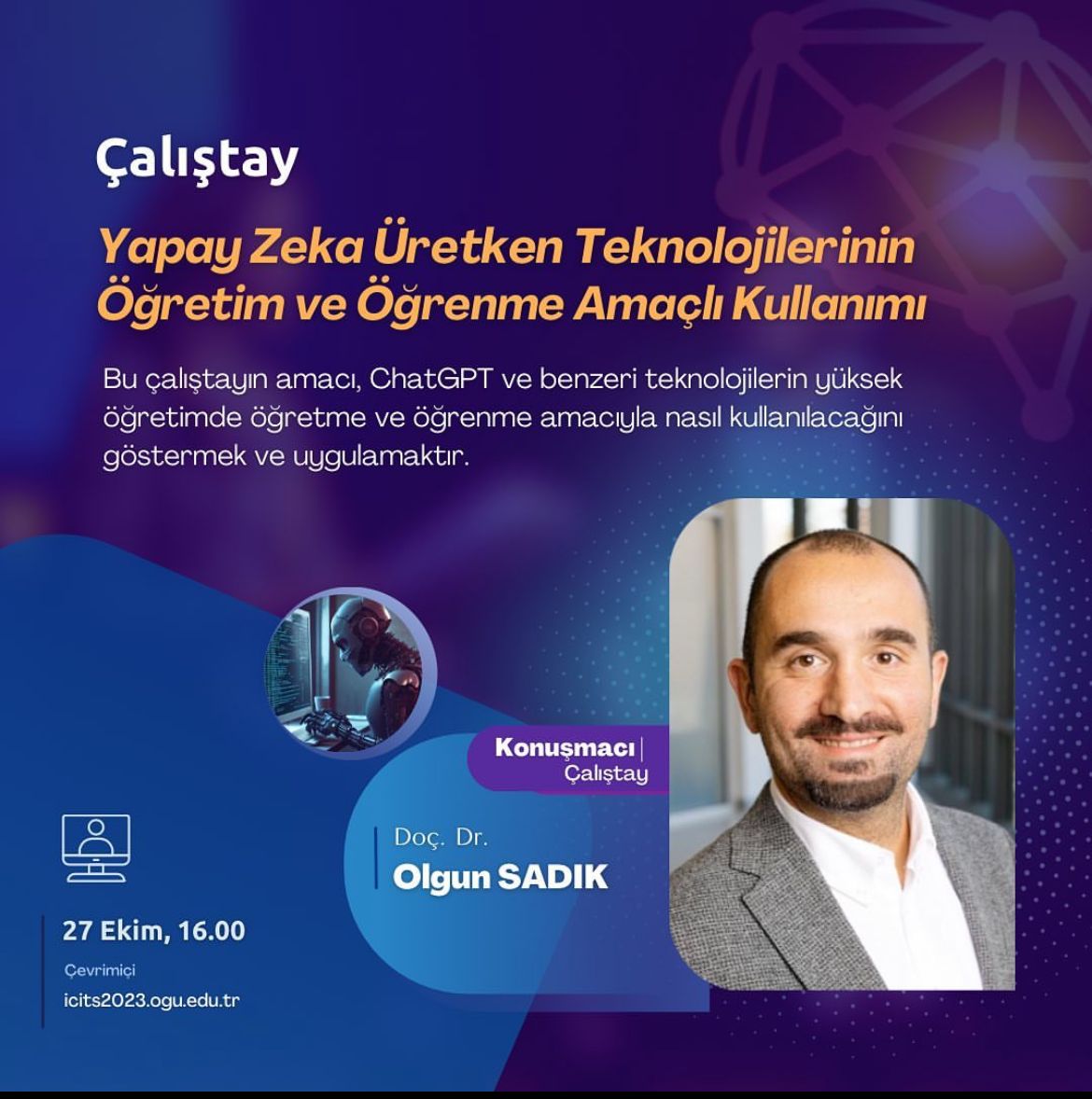 27 Ekim Cuma günü saat 16:00'da 16. Uluslararası Bilgisayar ve Öğretim Teknolojileri Sempozyumunda üretken yapay zeka teknolojilerinin öğretim ve öğrenme amaçlı kullanımı üzerine bir çalıştay veriyorum. Çalıştay dili Türkçe  olacaktır. Detaylı bilgi: icits2023.ogu.edu.tr/tr/