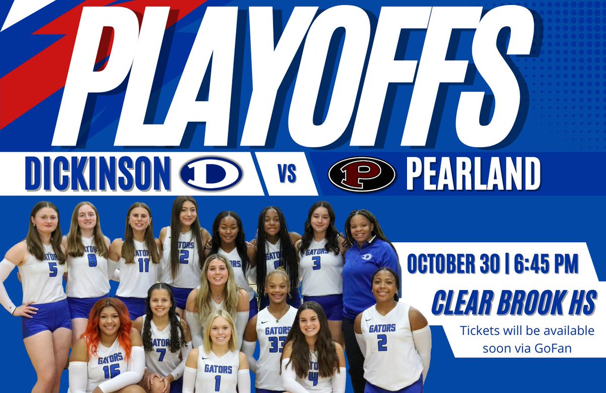 Dickinson High School Volleyball Lady Gators are headed to the playoffs! Don't miss this exciting match up between Dickinson and Pearland, hosted by Clear Brook High School. Tickets will be available soon via GoFan. We will post updates for tickets as soon as possible! Go Gators!