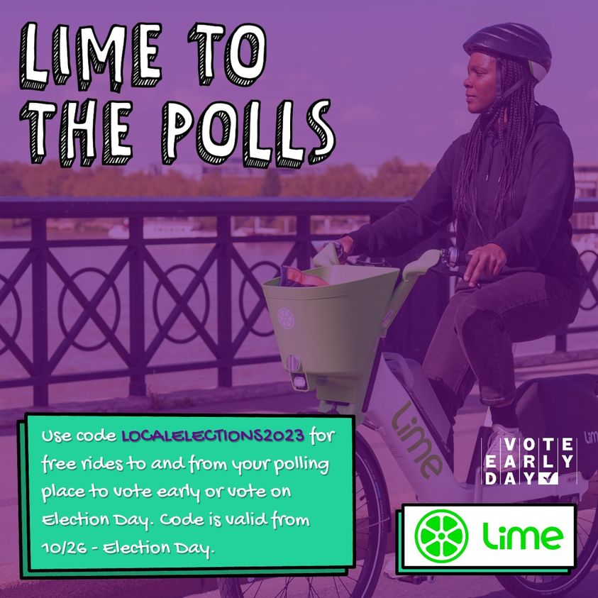 OCACleveland's tweet photo. Lime To The Polls!
Use code LOCALELECTIONS2023 for free rides to and from your polling place to vote early or vote on Election Day.
(Valid 10/26 - Election Day 11/7)
#VoteEarlyDay
#VoteReady
#CLEready https://t.co/dL0jeN2Ju9