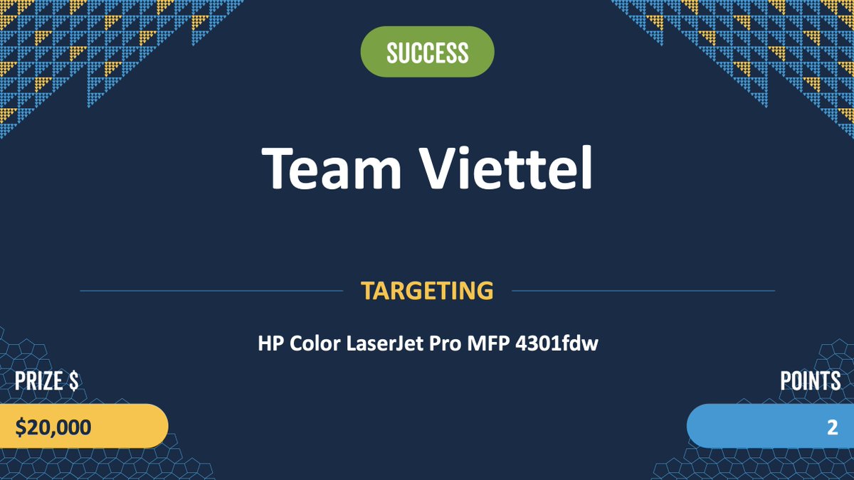 thezdi's tweet photo. Success! Team Viettel was able to execute a stack-based buffer overflow attack against the HP Color LaserJet Pro MFP 4301fdw. They earn $20,000 and 2 Master of Pwn points. #Pwn2Own https://t.co/C4cGBxV4TS