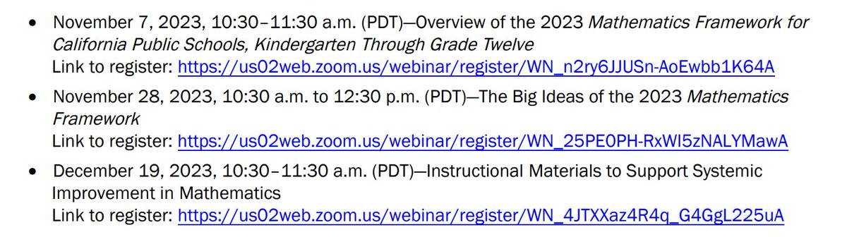 As we initiate the state-level adoption process for mathematics instructional materials, the @CADeptEd will host webinars for interested publishers and content developers to discuss the guidance and evaluation criteria in the new Math Framework. Questions? mathadoption@cde.ca.gov