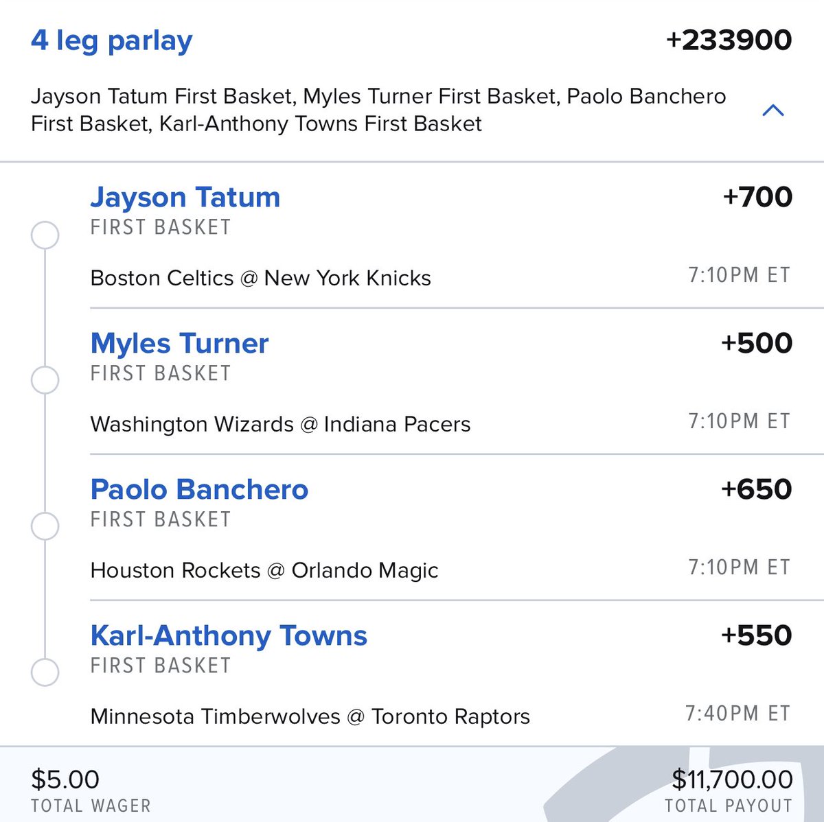 _NickyTheGreek's tweet photo. NBA Opening Night First Basket Parlay🏀🚨

$5 🔜 $11,700💰

Giving away HALF of my winnings WHEN this hits. 

MUST Repost, Like, AND follow @_NickKlinger in order to enter. 💥

Good luck if tailing! #GamblingX #NBA https://t.co/O2wunNwkCF