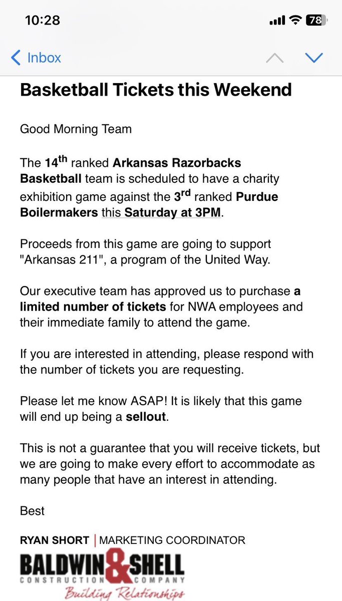 BaldwinShell's tweet photo. @RazorbackMBB PACK THE PALACE!!! This is an email we just sent our employees in Northwest Arkansas. You should do the same. @EricPMusselman @RazorbackMBB https://t.co/MNb3gvsBa8