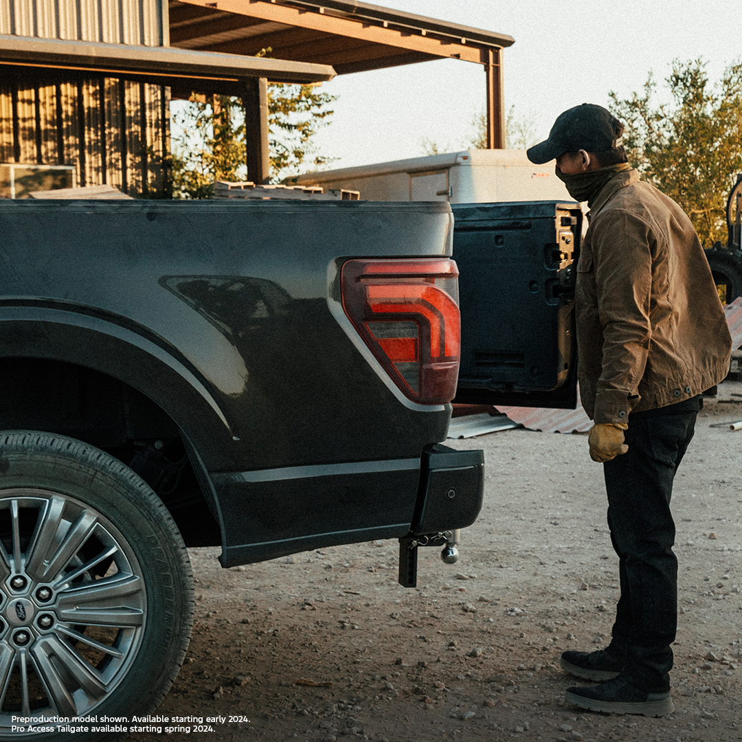 FordTrucks's tweet photo. The new 2024 Ford® F-150® with available Pro Access Tailgate. Part swing gate. Part work surface. https://t.co/i3knSKqlmC