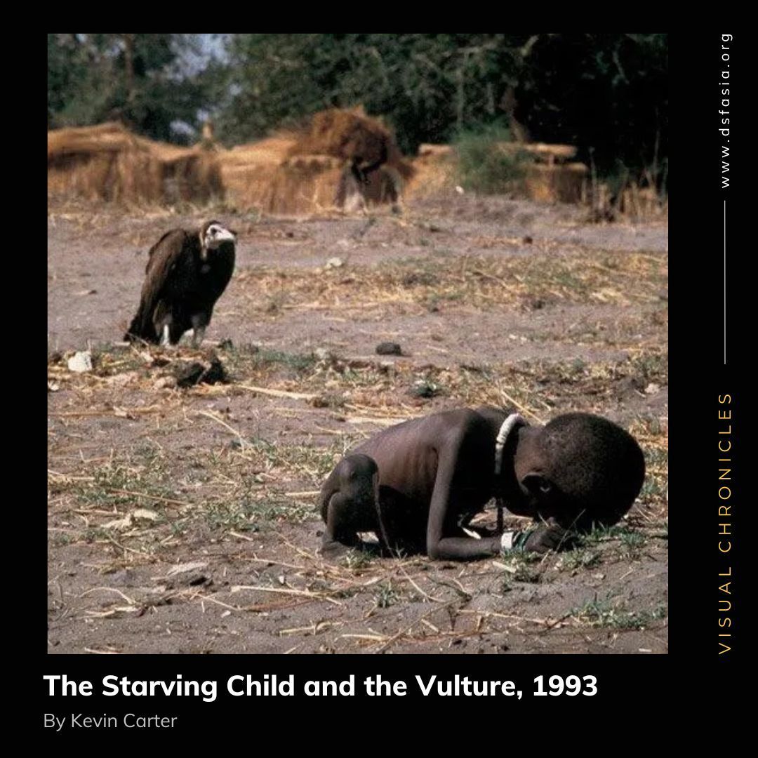 DSFAsiaOrg's tweet photo. The Starving Child and the Vulture by Kevin Carter, taken in Sudan during the 1993 famine, depicts a vulture watching over a starving child. The image highlights the urgency of addressing humanitarian crises and won the World Press Photo of the Year #photojournalism #iconicimage https://t.co/aOji2uKm4e