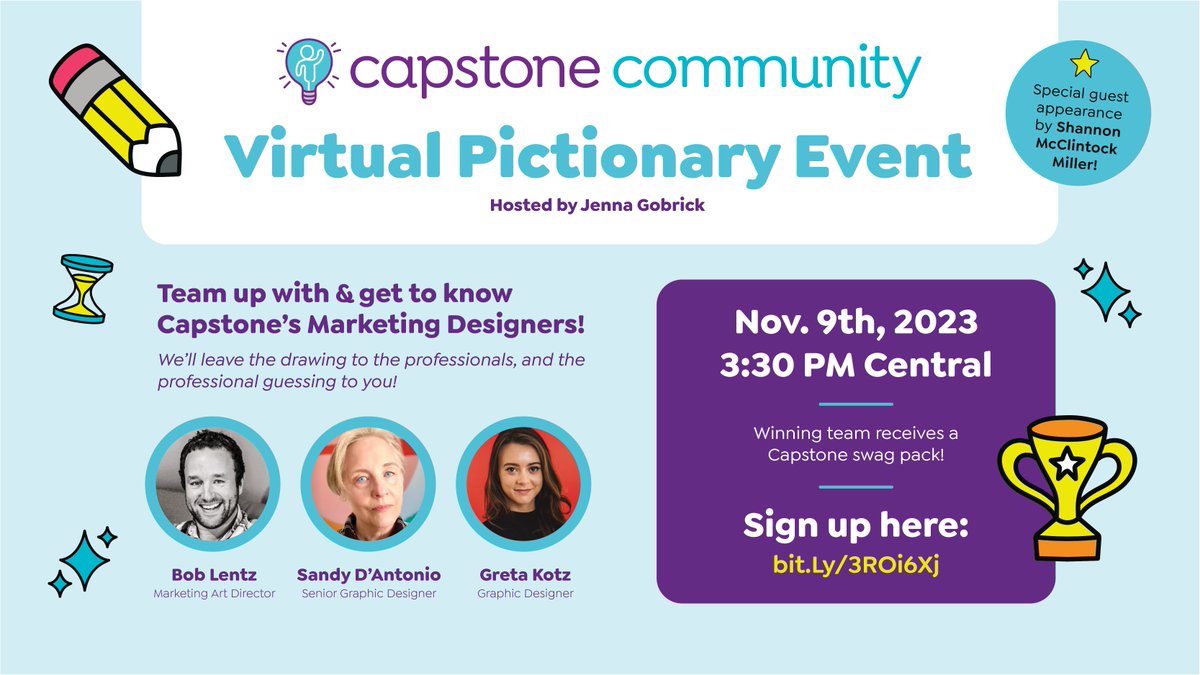 Capstone ๐ ๐ป ๐ (@capstonepub) on Twitter photo ๐ Youโre invited to the next #CapstoneCommunity get-together on 11/9 at 3:30 PM CT! ๐คฉ
Team up with <a href="/CapstonePub/">Capstone ๐</a>โs Marketing Designers in this virtual Pictionary event โ๏ธ
Sign up for some laid back & slightly competitive fun โก๏ธ bit.ly/3ROi6Xj #LearningIsForEveryone ๐ Youโre invited to the next #CapstoneCommunity get-together on 11/9 at 3:30 PM CT! ๐คฉ
Team up with <a href="/CapstonePub/">Capstone ๐</a>โs Marketing Designers in this virtual Pictionary event โ๏ธ
Sign up for some laid back & slightly competitive fun โก๏ธ bit.ly/3ROi6Xj #LearningIsForEveryone