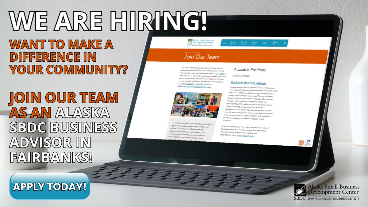 alaskasbdc's tweet photo. Are you a business professional with a passion for empowering small businesses? Here's your chance to be a catalyst for change &amp; innovation in the heart of AK! You'll work directly with small business owners, offering them guidance &amp; support ➡️ https://t.co/W6bY5lNKsL https://t.co/sgOEuuyru5
