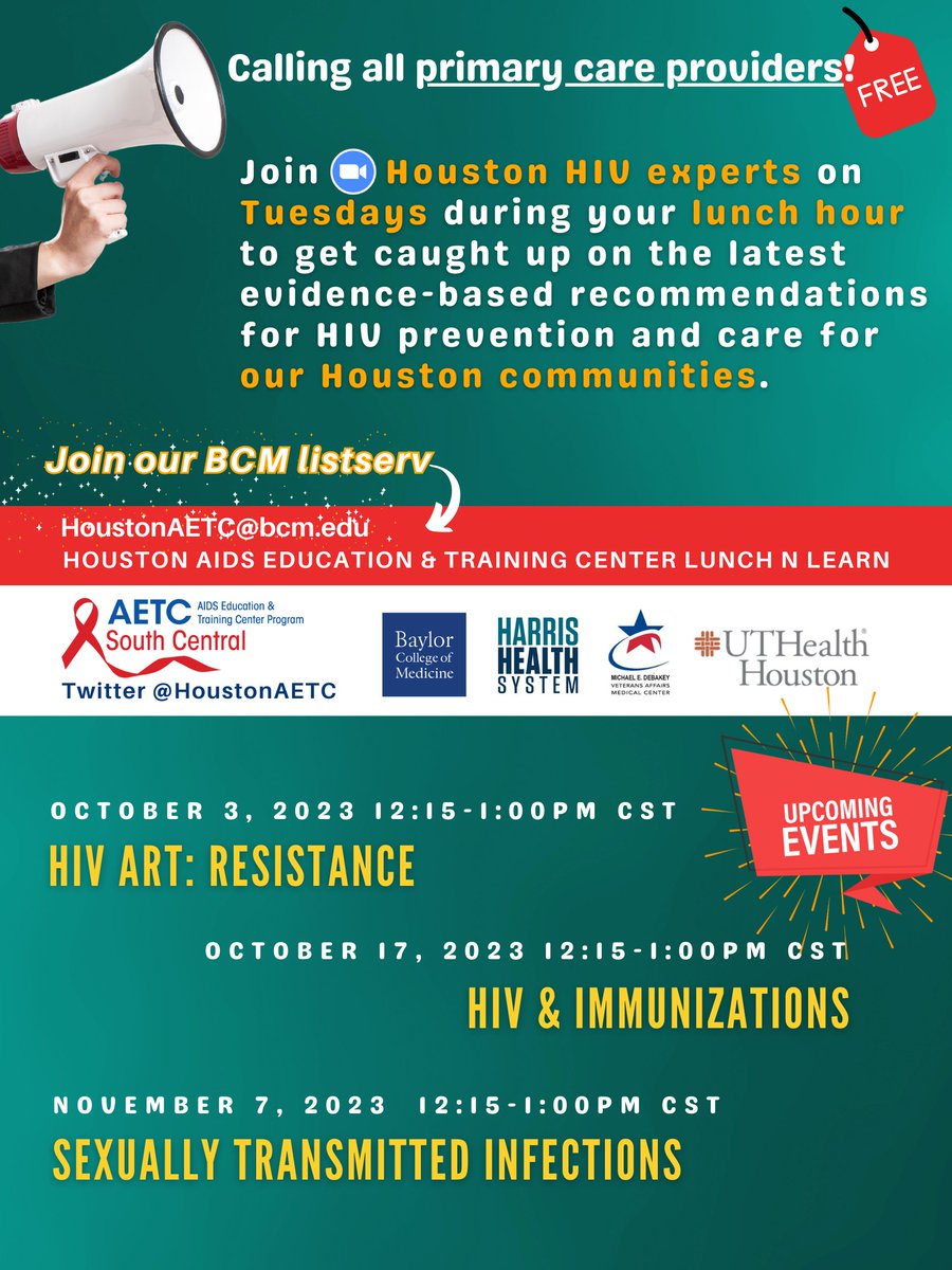 HoustonAETC's tweet image. Are you a Houston healthcare provider who hasn't signed up for our virtual talks? 👀

#SexualHealth #HIVTwitter 

@BCMDeptMedicine @BCM_InternalMed @UTHealthSPH @ut_infectious @BCMPedPubHlth @DrMandyJHill @SouthernAIDSCo @SisterLoveInc @scaetcnm @NCSDDC