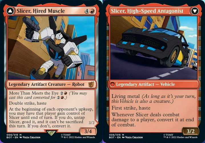 the confusion surrounding Slicer/Shattered Glass Wheeljack led to the TF/Magic The Gathering crossover inventing a new 'regular universe' version of Slicer that has Armada Wheeljack's colours. (2022)