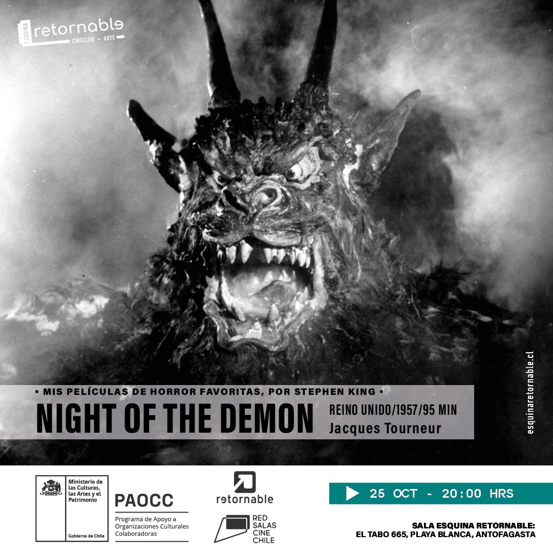 📌 HOY..! Cine foro 🗣️🗯️🎦 de 🎬 LA ANUNCIADA MUERTE DE WILLY SEMLER, junto a su director Benjamín Rojo, luego una joya de los 50s 🎬NIGHT OF THE DEMON, última entrega del especial “Las favoritas de Stephen King”, +INFO en esquinaretornable.cl #Antofagasta 🙌