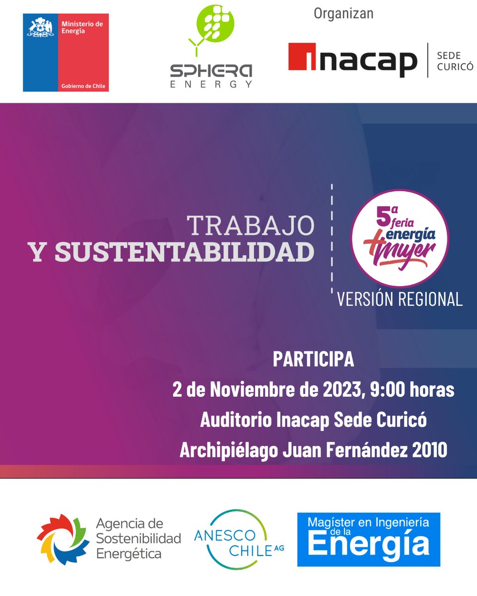 La 5ta versión de la Feria Laboral Energía+Mujer será replicada en regiones con un evento en la ciudad de #Curicó, el cual se realizará en la sede del Instituto Profesional <a href="/InacapCuricano/">INCAP CURICO</a>. Te esperamos el 2 Nov a partir de las 9:00 am. Inscríbete aquí 👉bit.ly/3MfaCZW