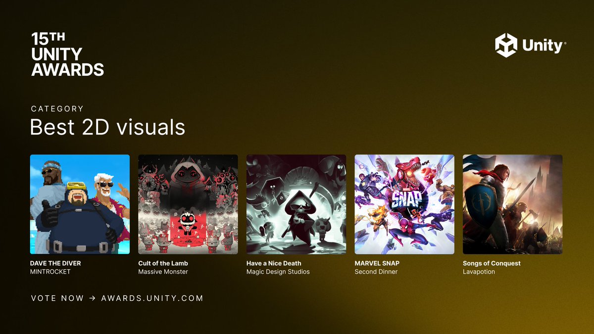unitygames's tweet photo. The Unity Awards nominees for Best 2D visuals are:

@DaveDiverGame | Dave the Diver
@MassiveMonster | Cult of the Lamb
@MagicDesignGame | Have a Nice Death
@seconddinner | MARVEL SNAP
@lavapotion | Songs of Conquest https://t.co/65ftqh5JNS
