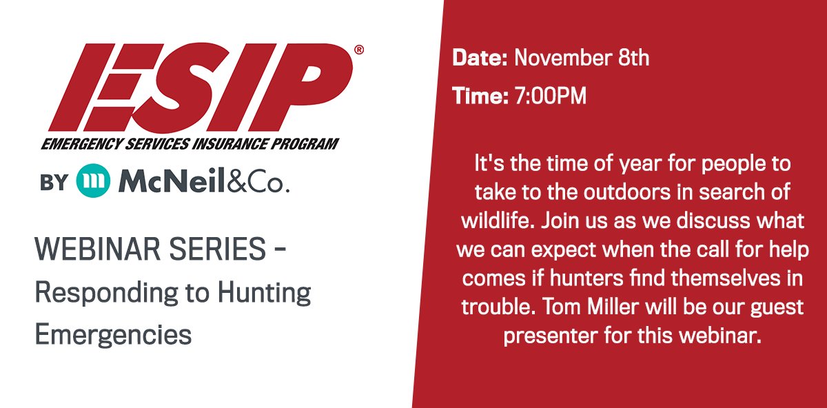 ESIPInsurance's tweet photo. Our Risk Management team will be joined by National Volunteer Fire Council Director Thomas Miller to discuss essential issues in response to hunting emergencies and some helpful tips for first responders.

Register Here: https://t.co/4Q7Q78B6Ox https://t.co/VzQyiHB86Q