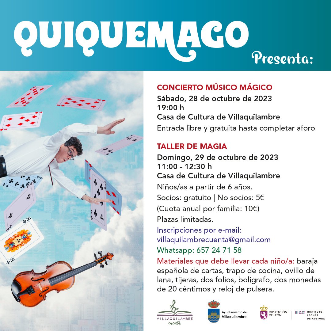VqCuenta's tweet photo. Este fin de semana en la Casa de Cultura de #Villaquilambre magia y música con el gran violinista y mago Quiquemago.
Concierto músico mágico el sábado 28 a las 19 h para toda la familia y taller de magia el domingo 29 de octubre a las 11 h para niñ@s a partir de 6 años. https://t.co/Ktgh0fMHf4