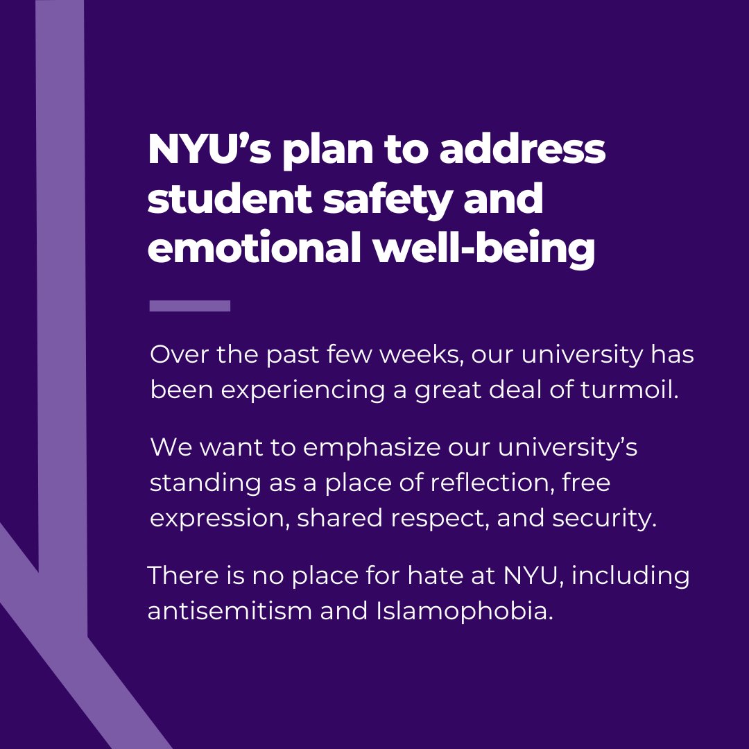 “There is no place for hate at NYU, including antisemitism and Islamophobia,” write President Linda G. Mills and Sr. Vice President for University Life Jason Pina in today’s message outlining a 10-point plan to promote student safety and wellbeing: nyu.edu/about/leadersh…