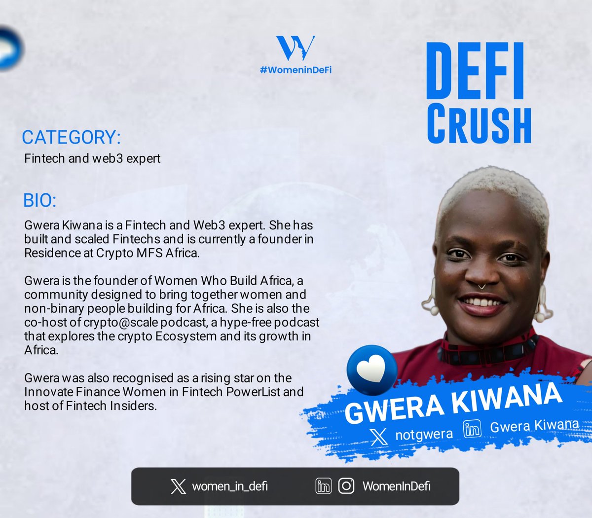 In today's episode of WomenInDeFi Crush, we are celebrating a remarkable African woman who is making a difference in her own unique way.

Our Web3 crush of the week is <a href="/notgwera/">gwera</a>

📍Founder of “Women Who Build Africa
​📍​Host of <a href="/cryptoatscale/">crypto@scale</a>

Thank you for making a difference.