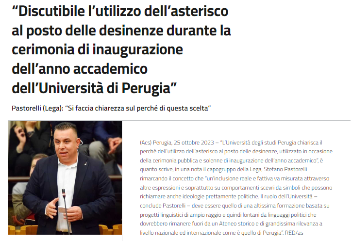 Di discutibile c'è solo la competenza della Lega nel governare questa regione e la sua capacità di vivere in un periodo storico che non sia il medioevo.
Complimenti invece a <a href="/UniperugiaNews/">Università degli Studi di Perugia</a> che continua nel suo percorso per rendere l'ateneo un posto accogliente per tutt*