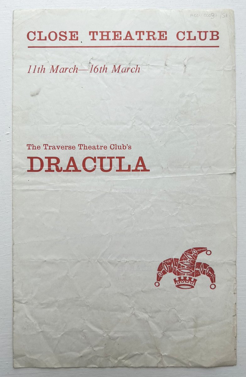 UofGlasgowASC's tweet photo. We're getting into the #Halloween spirit with our cataloguing this week! 🎃👻 These theatre programmes are for productions of #Dracula put on by the Traverse Theatre Club @traversetheatre in the 1960s 🦇 #ASCMetadata #ASCatWork https://t.co/cKEvLPsWWQ