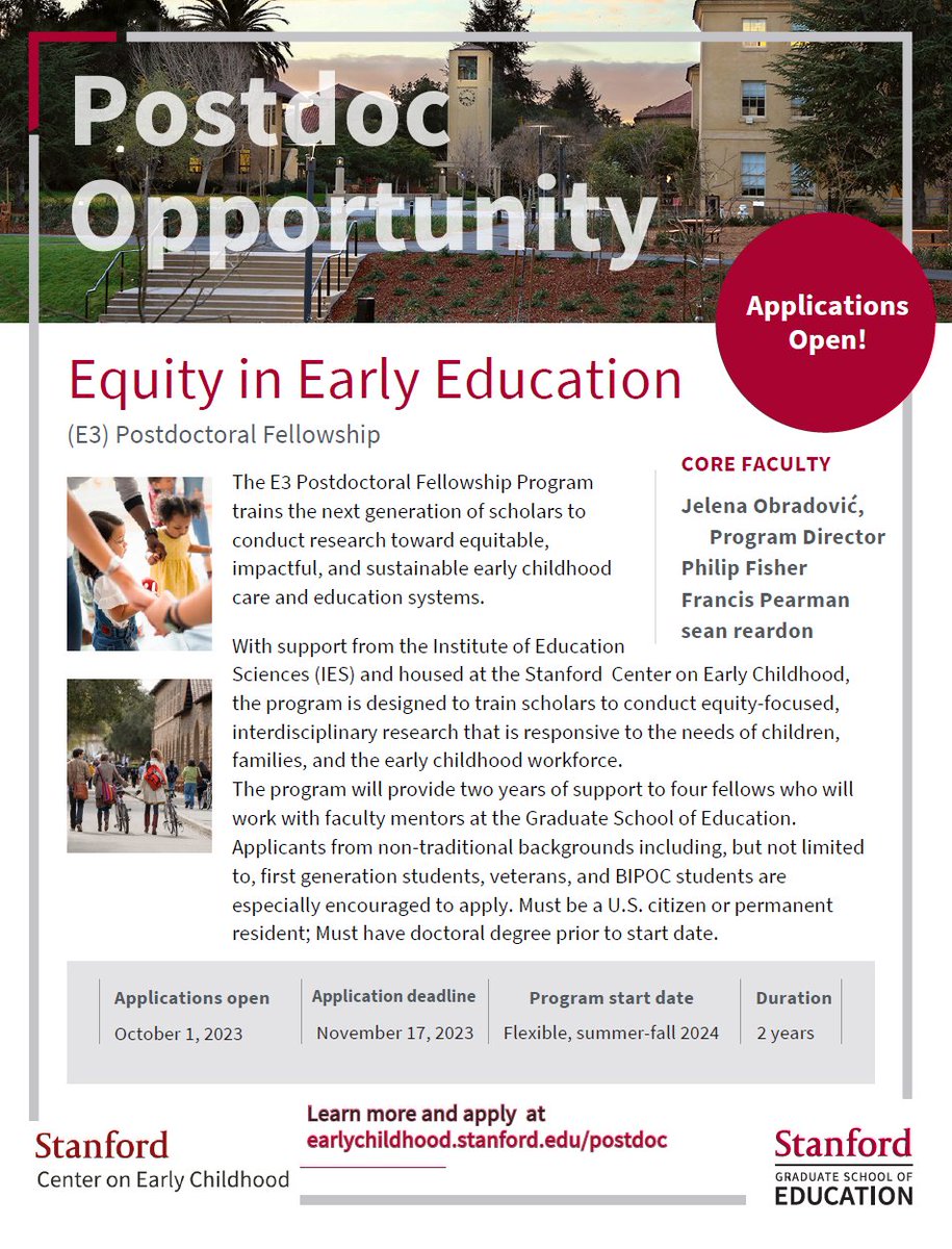 A great postdoc opportunity @StanfordEd & earlychildhood.stanford.edu Applications due Nov 17! Come work with @francis_pearman @seanfreardon Phil Fisher and me as core faculty with additional mentoring from fabulous affiliates!
