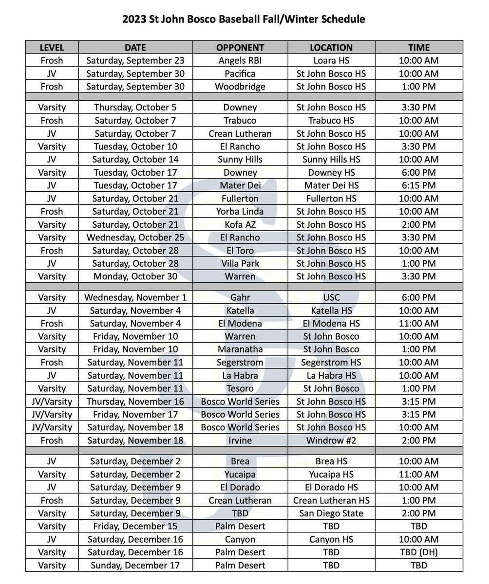 St John Bosco Baseball updated fall &amp; winter schedule! bosco.org #boscobaseball #sjboscobaseball #stjohnboscobaseball #StJohnBosco