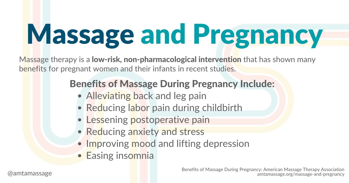 AMTAmassage's tweet photo. It’s Day 4 of #NMTAW and we are celebrating the benefits of massage for pregnancy. Discover how massage therapy can help support clients during all phases of pregnancy, from reducing back pain to helping ease labor pain during childbirth: https://t.co/n9bWIPAJir https://t.co/PHfYGCsafL