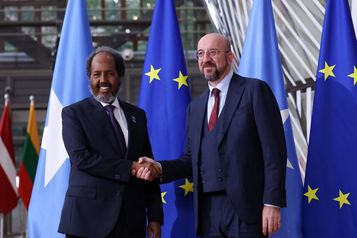 HassanSMohamud's tweet photo. I had a fruitful meeting with EU Council President @CharlesMichel. Our government is steadfast in its commitment to eradicating the threat of terrorism, advancing democratization &amp; state-building, &amp; propelling growth. We are pleased with our cooperation with the EU at all levels. https://t.co/fBxGXaSauA