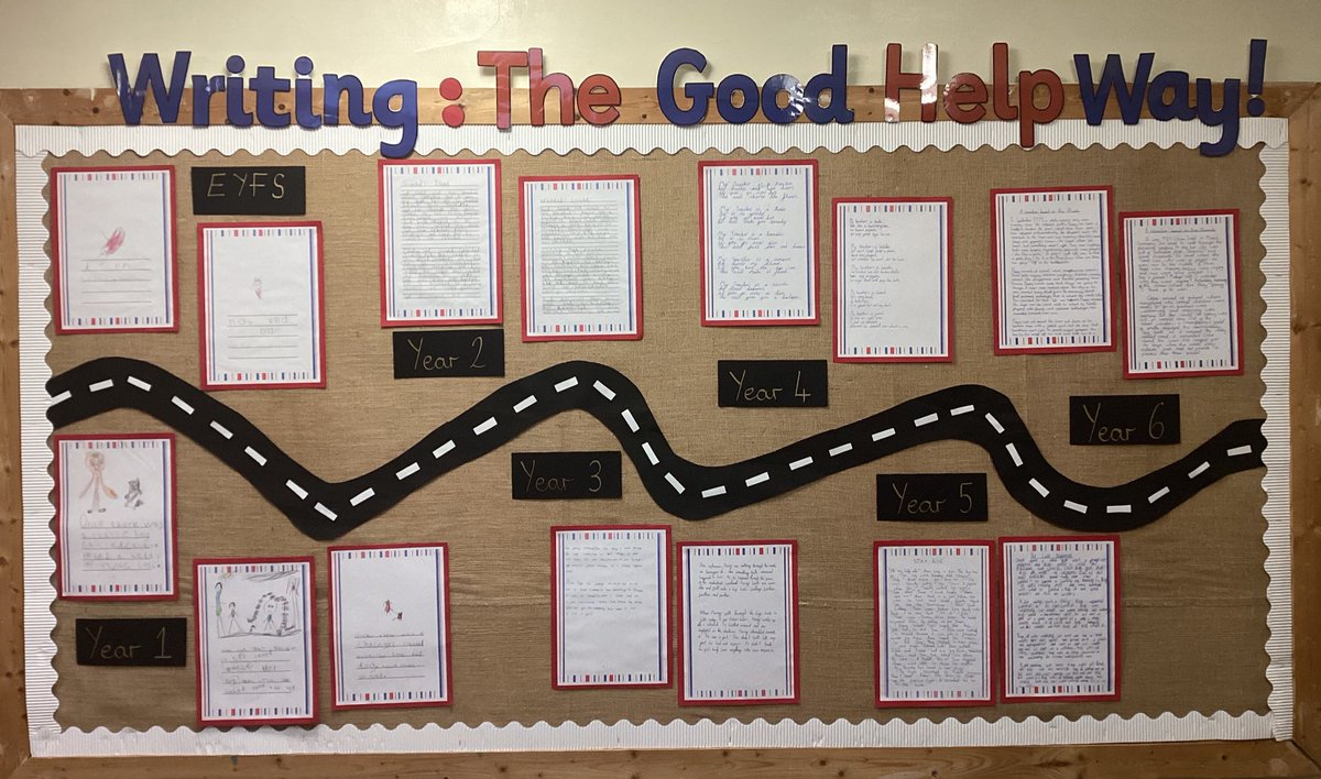 OLGHLiverpool's tweet photo. At OLGH, we are proud of our writing and our display shows progression from EYFS to Year 6 based upon our last piece of work. #OLGHwriting #OLGHenglish #progression #standardsmatter #welovetowrite https://t.co/Y7XGdtVcEy