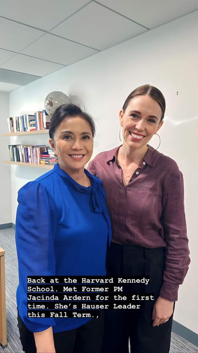 LENI 🤝 JACINDA

LOOK: Former Vice President Leni Robredo meets former New Zealand Prime Minister Jacinda Ardern for the first time at Harvard Kennedy School.

Ardern is a Fall 2023 Hauser Leader, the same program Robredo was appointed to in 2022.

📷 Atty. Leni Robredo/Instagram