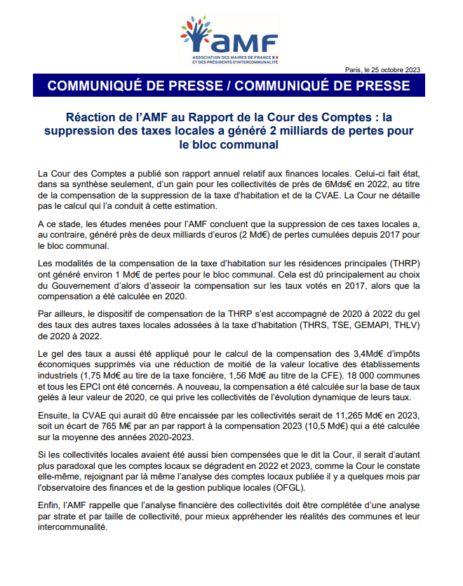 l_amf's tweet photo. Réaction de l'AMF au Rapport de la Cour des Comptes : la suppression des taxes locales a généré 2 milliards de pertes pour le bloc communal ▶️https://t.co/5ZZsCETIVs https://t.co/snbuBO5WP6