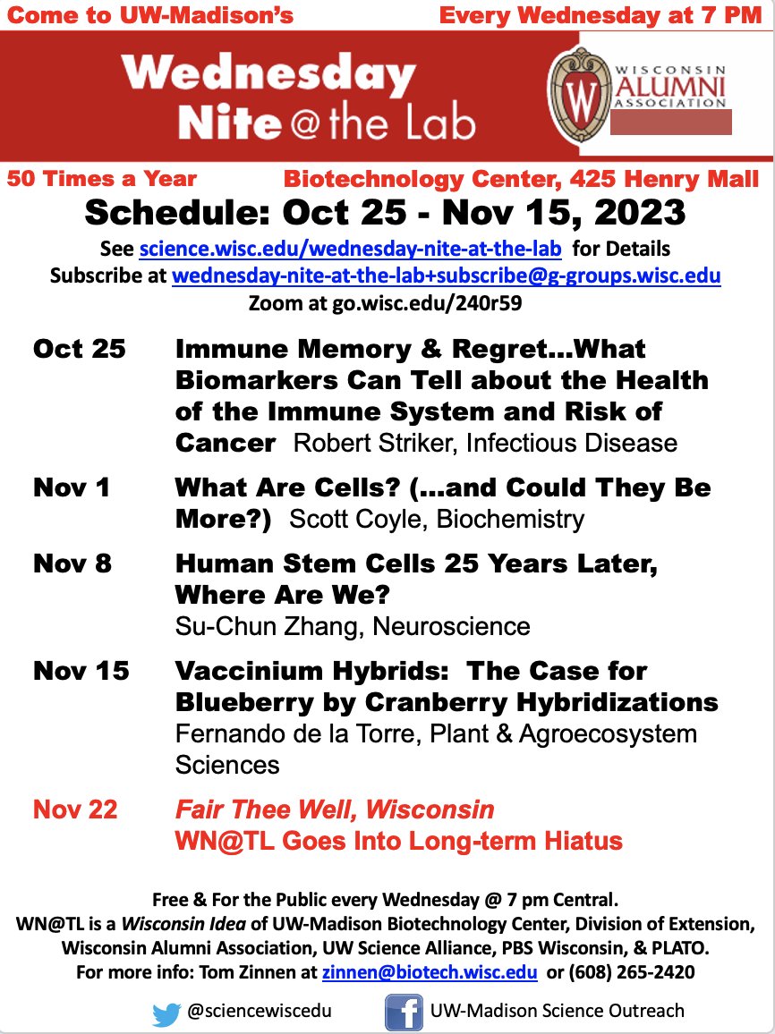 science.wisc.edu (@sciencewiscedu) on Twitter photo Tonight, a night to remember.
"Immune Memory & Regret:
What Biomarkers Can Tell About the Health of the Immune System & Risk of Cancer"
Robert Striker of <a href="/uw_medicine/">University of Wisconsin Department of Medicine</a> <a href="/uwsmph/">UW School of Medicine and Public Health</a> speaks <a href="/WedNiteAtTheLab/">Wed. Nite At The Lab (on hiatus as of 2023.11.22)</a> 7pm CT
Room 1111 <a href="/UWBiotechCenter/">BioTrek Outreach</a> or
Zoom go.wisc.edu/240r59
Open to all Tonight, a night to remember.
"Immune Memory & Regret:
What Biomarkers Can Tell About the Health of the Immune System & Risk of Cancer"
Robert Striker of <a href="/uw_medicine/">University of Wisconsin Department of Medicine</a> <a href="/uwsmph/">UW School of Medicine and Public Health</a> speaks <a href="/WedNiteAtTheLab/">Wed. Nite At The Lab (on hiatus as of 2023.11.22)</a> 7pm CT
Room 1111 <a href="/UWBiotechCenter/">BioTrek Outreach</a> or
Zoom go.wisc.edu/240r59
Open to all