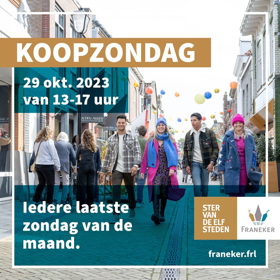 Zondag 29 oktober a.s. is Koopzondag in #Franeker
En dat betekent:
* de mooiste aankopen bij originele speciaalzaken
* alle winkels op loopafstand
* gratis parkeren
Ben jij er ook bij?
#frjentsjer #koopzondag #shoppeninfriesland