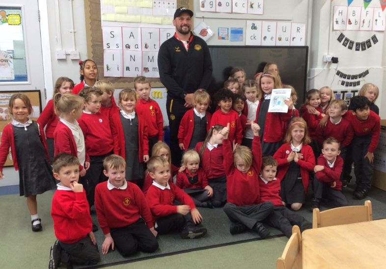 AberfordPrimary's tweet photo. Class 1 and Class 2 had story time today with Castleford Tiger's George Griffin who has just released a children’s book "Harvey Hippo Finds His Talent". Thank you, we really enjoyed the story! https://t.co/czba1Sr8n3