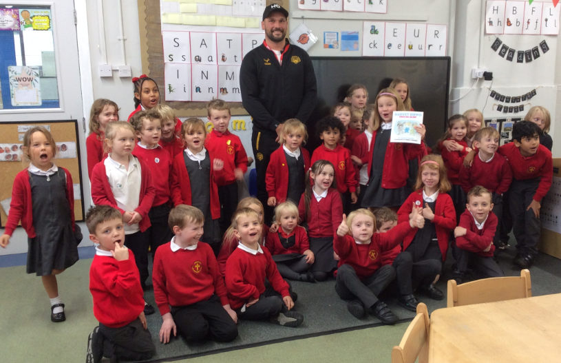 AberfordPrimary's tweet photo. Class 1 and Class 2 had story time today with Castleford Tiger's George Griffin who has just released a children’s book "Harvey Hippo Finds His Talent". Thank you, we really enjoyed the story! https://t.co/czba1Sr8n3