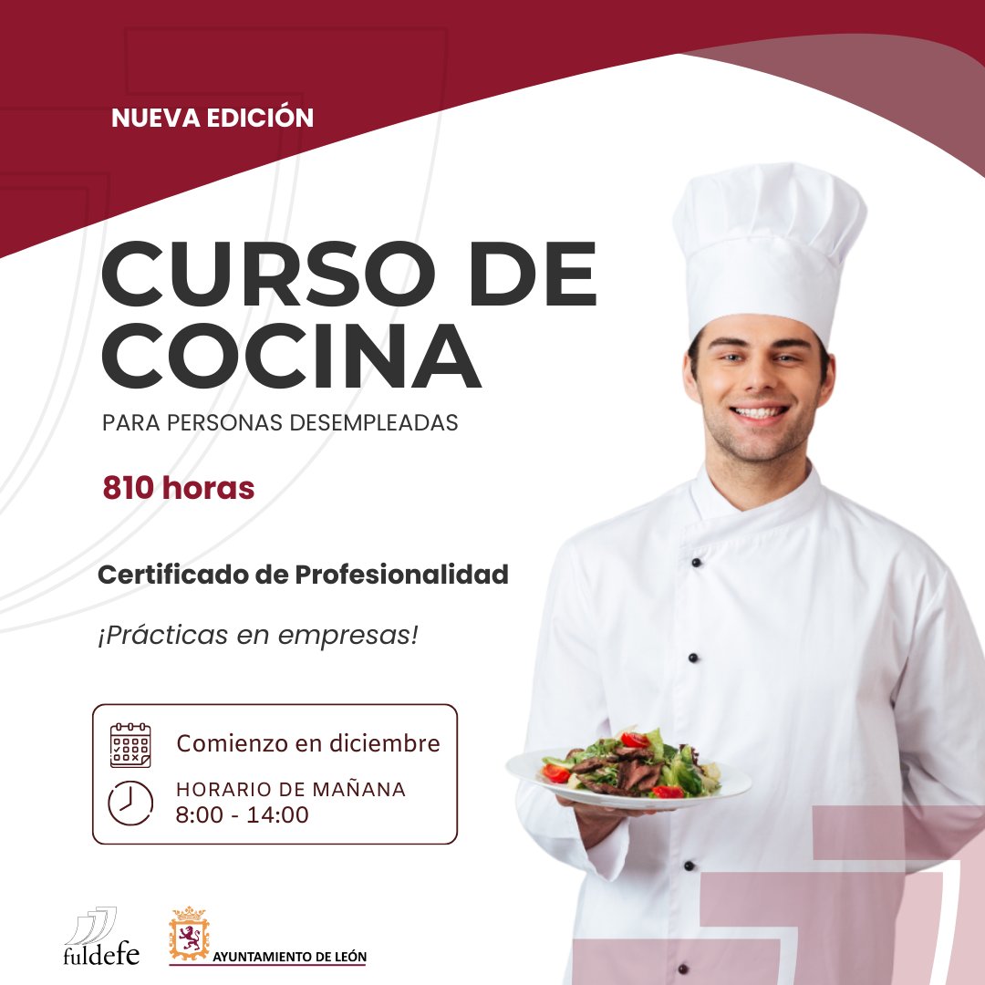 Ildefe's tweet photo. ¡Fórmate como cocinero/a en un nuevo curso para personas desempleadas en León!
🍳 Con #Fuldefe - @LeonAyto , obtén tu #certificadodeprofesionalidad

¡con prácticas en empresas!

Inicio: diciembre 2023

Reserva tu plaza en https://t.co/B6qsy2wrUN
 ☎️987 53 92 70

#leonesp #Cursos https://t.co/tOS6Dg5NDV