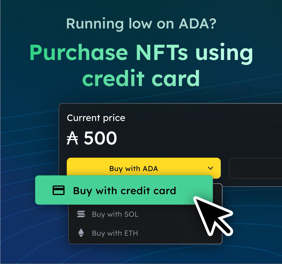 jpgstoreNFT's tweet photo. Running low on ADA but want to buy that special NFT? ✨

No need for all the time spent purchasing ADA and the CEX hassle, just use your credit card directly on JPG Store! 💳

Instant purchases, sent directly to your wallet or email address, easiest onboarding possible 🤝