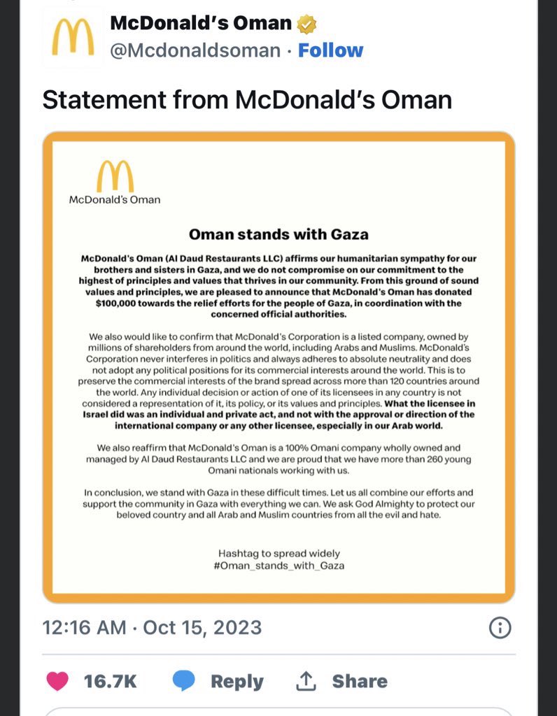 loqi38's tweet photo. @McDMalaysia Kenapa McD Malaysia taknak nyatakan sokongan pada Palestin?

Mcd Oman, Qatar, Kuwait boleh nyatakan sokongan terang-terangan.

You sell burgers in Malaysia, not Europe. https://t.co/Mn1nvC0Ubb