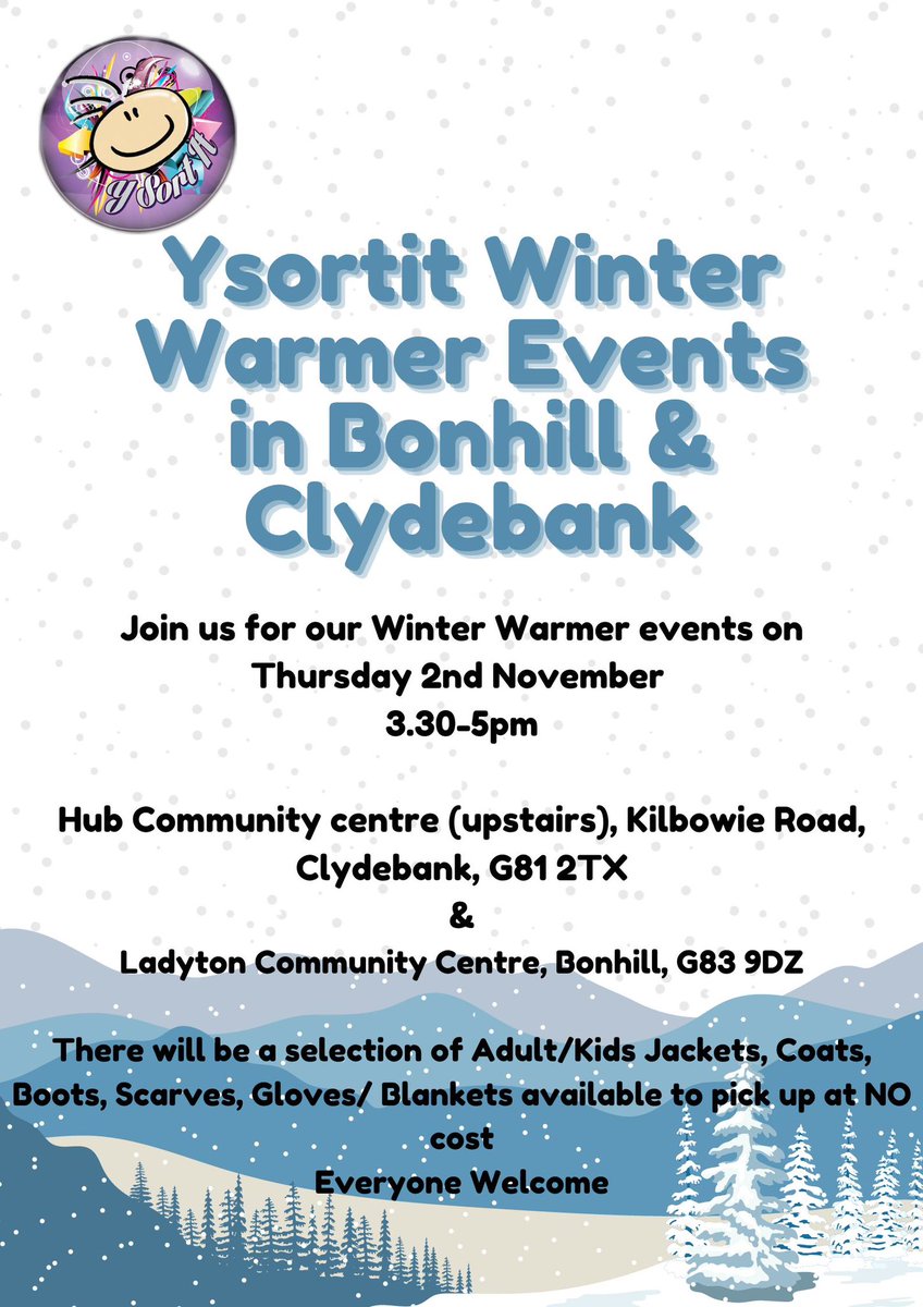 ❄️ Winter Warmer Events❄️
Join us next Thursday 2nd November 3.30-5pm in both Bonhill &amp; Clydebank
We will have a selection of Adult &amp; Children winter wear available for FREE &amp; anyone is welcome to come along
🔋We will also have Winter Energy Advisors on hand to give out advice🔋