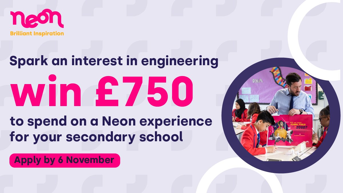 Neon (@neon_futures) on Twitter photo Neon bursaries are back for 2023 ✨ 💰 
Spark excitement for STEM careers with Neon! £750 bursaries available to support secondary schools to take part in Neon activities. 
Don’t miss out - apply before 6 November 2023: bit.ly/3LJwj3P Neon bursaries are back for 2023 ✨ 💰 
Spark excitement for STEM careers with Neon! £750 bursaries available to support secondary schools to take part in Neon activities. 
Don’t miss out - apply before 6 November 2023: bit.ly/3LJwj3P