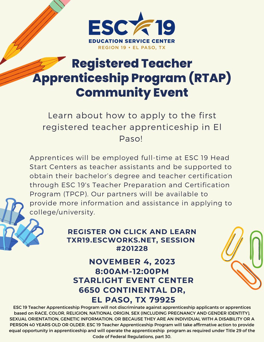 Teresa_Hinojos's tweet photo. Our community event for our Registered Teacher Apprenticeship Program is around the corner. Tag someone that should start the path to completing their degree and becoming a certified teacher.@ESCRegion19 @TPCP_Region19 @elpasotimes @elpasomatters @KFOX14 @projectarriba #WeR19 https://t.co/DGj8MoDpep