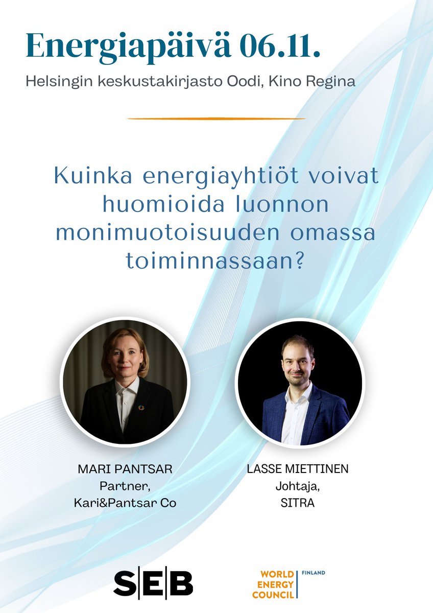 Kuinka energiayhtiöt voivat huomioida luonnon monimuotoisuuden omassa toiminnassaan?🍀

Vastauksen tähän ja muihin energia-alan ajankohtaisiin kysymyksiin kuulet #Energiapäivä2023! 

Mukana mm. @MariPantsar &amp; <a href="/lassemiettinen/">Lasse Miettinen</a> 

Ohjelma &amp; ilmoittautuminen: wecfinland.fi/tapahtumat/ene…
