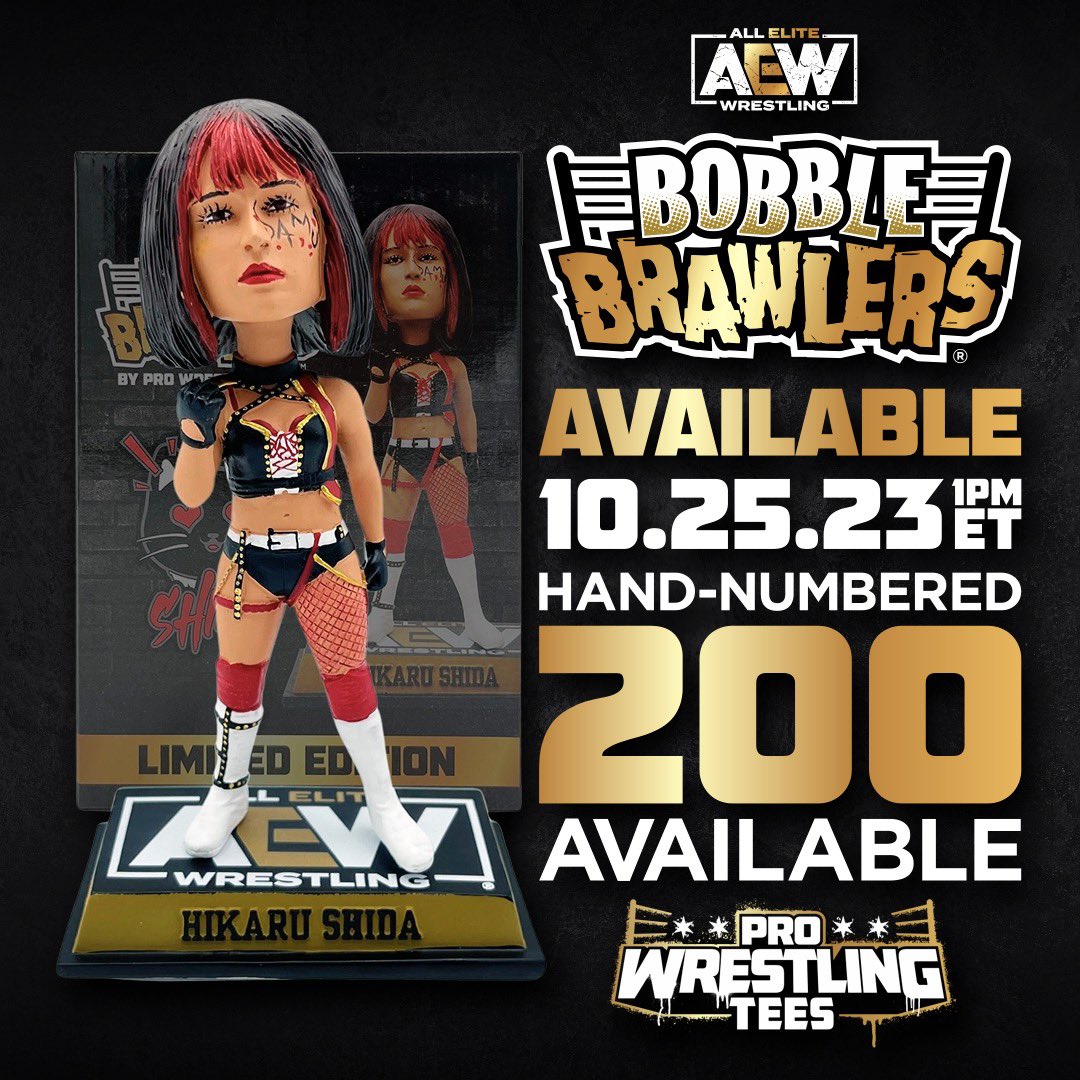 5 minutes away! Available at 1PM ET 200 Only! Hikaru Shida Bobble Brawlers - Limited & Hand-numbered 1-200. Get it here- bit.ly/45O9GCF #hikarushida #bobblebrawler #aew #allelitewrestling #pwtees #prowrestlingtees #pwt @shidahikaru