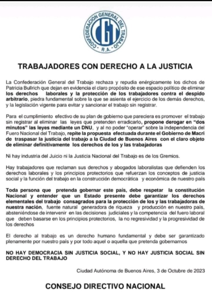 El 3 de octubre pasado la CGT salió a rechazar y repudiar  los dichos de la candidata Patricia Bullrich de eliminar los derechos laborales y protección de los trabajadores contra el despido arbitrario...
<a href="/CarlosPerezSEC/">Carlos Pérez</a> 
<a href="/Cavalieri_SEC/">Armando Cavalieri</a> 
<a href="/CFKArgentina/">Cristina Kirchner</a> 
<a href="/SergioMassa/">Sergio Massa</a> 
@MinTrabajoAR